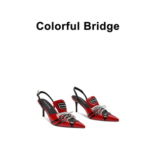 Colorful Bridge丨F1赛车运动高跟鞋  尖头细跟后空漆皮凉鞋