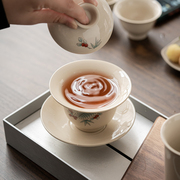 盖碗三才茶备茶杯青花瓷，泡茶碗大号功夫器，陶瓷茶具配件单个草木灰
