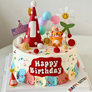 宝宝周岁红色帽子一周岁满月百天小老虎儿童生日甜品台蛋糕装饰