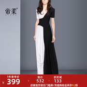 夏装2023女黑白拼色时尚v领连衣裙气质显瘦正式场合礼服长裙