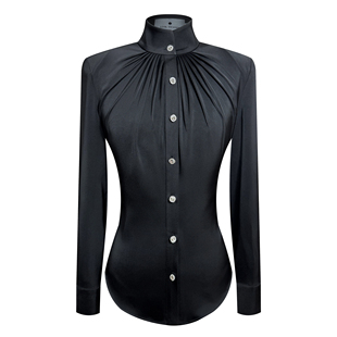黑色设计感醋酸衬衫，褶皱高领气质正肩修身通勤职业缎面衬衫上衣