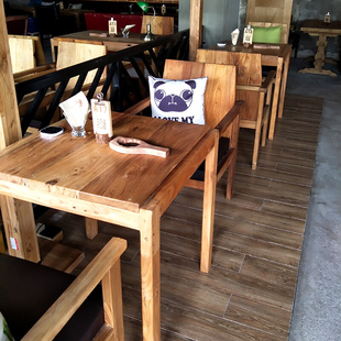 老榆木餐桌漫咖啡桌椅，复古做旧全实木，家具奶茶店餐厅方桌休闲木桌