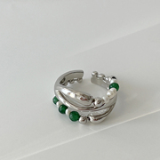s925纯银女戒指小众设计感绿玉石头珍珠多层食指，指环开口戒指银饰