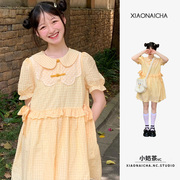 黄色娃娃领连衣裙女夏季小个子甜美可爱宽松显瘦泡泡袖短裙子