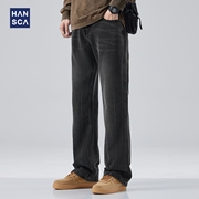 hansca秋季美式复古黑色牛仔裤，男直筒宽松水洗，做旧阔腿休闲长裤子