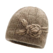老太针织帽女外贸时尚花朵毛线帽加绒保暖妈妈奶奶帽子