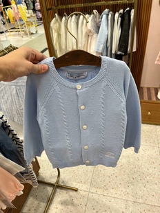 韩国童装24春男女童宝宝，奶蓝色洋气麻，花纹针织开衫时尚毛衣