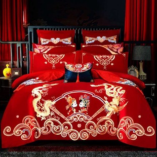 结婚房床上用品喜被套纯棉绣花贡缎4新婚庆四件套大红色全棉刺绣