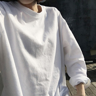 韩版春秋慵懒风t恤女宽松中长款棉质白色长袖前短后长开叉打底衫
