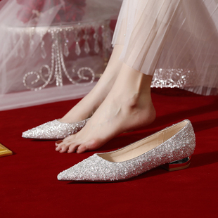 法式低跟婚鞋女主婚纱秀禾两穿新娘鞋2023年白色平底水晶单鞋