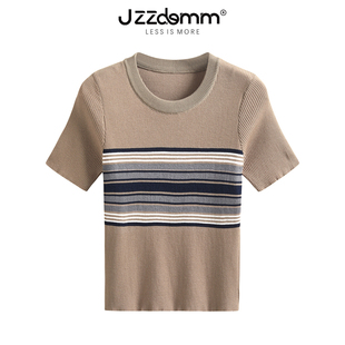jzzdemm中间横条纹针织短袖，t恤女夏季修身显瘦薄款上衣百搭潮
