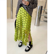 韩版优雅镂空流苏半身裙女夏气质，高腰修身显瘦圆片，刺绣绿色中长裙