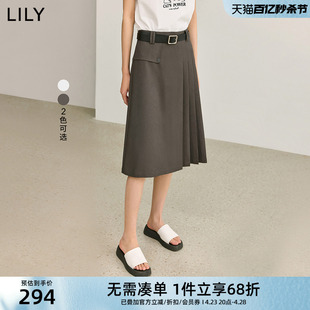LILY2024夏女装设计感学院风通勤款高腰A字不对称百褶半身裙