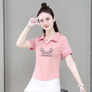 纯棉T恤女POLO领小个子印花夏季新韩版款不规则大码薄款减龄上衣