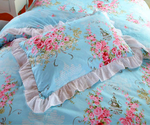 全棉床套床裙床r罩式蓝色公主风格横纹，四件套田园印花床