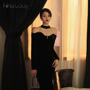 NinaLady法式挂脖黑色丝绒连衣裙气质鱼尾裙高级感生日礼服长裙女
