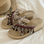 路十三波西米亚民族风手工编织拖鞋女外穿夏季复古坡跟厚底凉拖鞋