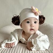 女宝宝帽子秋款纯棉婴儿胎帽可爱超萌小月龄帽子俏皮假头发帽