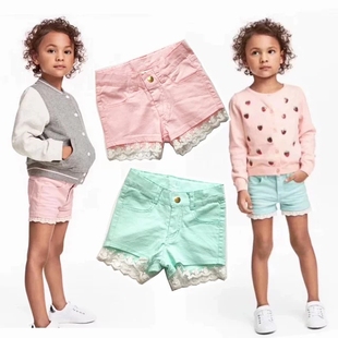女童短裤外贸童装热裤瑞典春夏，可爱蕾丝花边，粉色薄荷绿色avakids