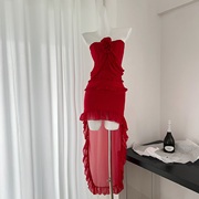 野玫瑰重工拖尾透透修身性感红色雪纺连衣裙