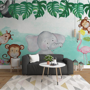 2021北欧现代简约卡通大象花卉儿童房卧室背景墙纸无纺布壁纸壁画