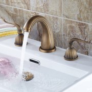 仿古水龙头 冷热水分体式台盆浴室柜 H欧式双把三孔面盆龙头黄铜