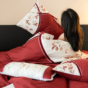 新中式旗袍风婚庆 长绒棉四件套100纯棉浪漫印花红色结婚床上用品