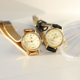 vintage上海产复古镀金小金表，黑色真皮表带手动机械女表盘90年代