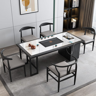 新中式岩板茶桌现代简约家用办公室茶台烧水壶，泡茶桌一桌五椅组合