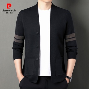 皮尔卡丹秋季针织毛衣男士青年，韩版两条杠中年，男式装开衫外套