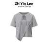 zhiyin短款不规则，t恤女2024春夏，穿搭镂空蝴蝶结短袖灰色上衣