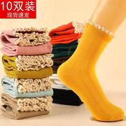 5/10双装袜子女中筒日系女袜秋冬季中厚韩版潮流花边袜个性。