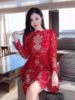 2024 性感修身大红色蕾丝长袖小礼服裙子连衣裙 越南设计师
