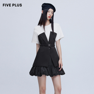 fiveplus女夏装，设计感拼接连衣裙女圆领，短袖高腰蓬蓬裙
