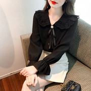 春装2023韩版娃娃领黑色衬衫女宽松显瘦蕾丝小衫洋气雪纺上衣