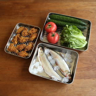 不锈钢304平底深型烘焙烤盘，网架带盖保鲜盒，方盘蒸饭烤鱼托盘备菜