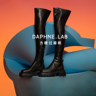 daphnelab达芙妮方糖过膝靴女真皮2024厚底长筒靴，女增高显瘦