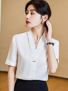 白色雪纺缎面衬衫女短袖夏季气质，上衣v领衬衣职业套装前台工作服