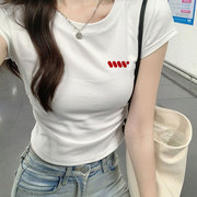 白色正肩纯棉短袖t恤女装2025新款夏季清纯掐腰纯欲风设计感上衣