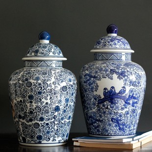 陶瓷储物罐景德镇装饰摆件青花瓷，桌面花瓶带盖罐客厅，台面中式罐子