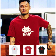中国风潮牌短袖T恤男龙年卡通本命年衣服红色男士纯棉体恤衫半袖