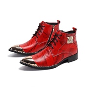 秋冬男士尖头短靴金属头红色牛皮切尔西靴模特舞台男靴加绒保暖靴