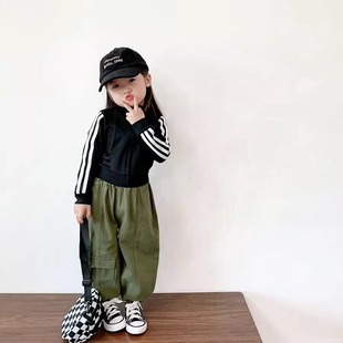韩国女童运动套装2023秋儿童黑色卫衣外套宽松哈伦裤两件套78002