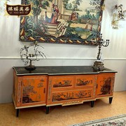 新古典奢华彩绘电视柜矮柜法式中国风橙色客厅地柜别墅实木家具