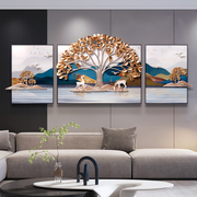 新中式客厅装饰画三联轻奢沙发背景墙现代挂画山水3d浮雕立体壁画
