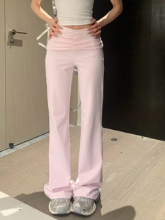 粉色低腰薄款直筒休闲运动裤，女夏季小个子冰丝，垂感窄版拖地长裤子
