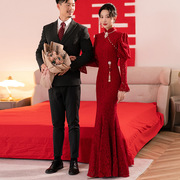 2024新娘敬酒服中式复古红色，蕾丝长袖鱼尾气质，名媛宴会礼服女