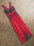 0223a大红色渐变双肩气质连衣裙，外贸原单长款晚礼服裙宴会年会