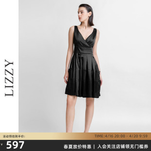 lizzy2024春季无袖收腰气质小黑裙，v领高腰，优雅百褶连衣裙女