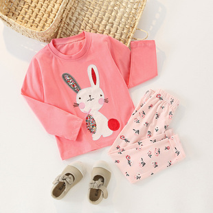 秋装女童纯棉长袖兔子T恤弹力裤套装儿童粉色上衣碎花打底裤2件套
